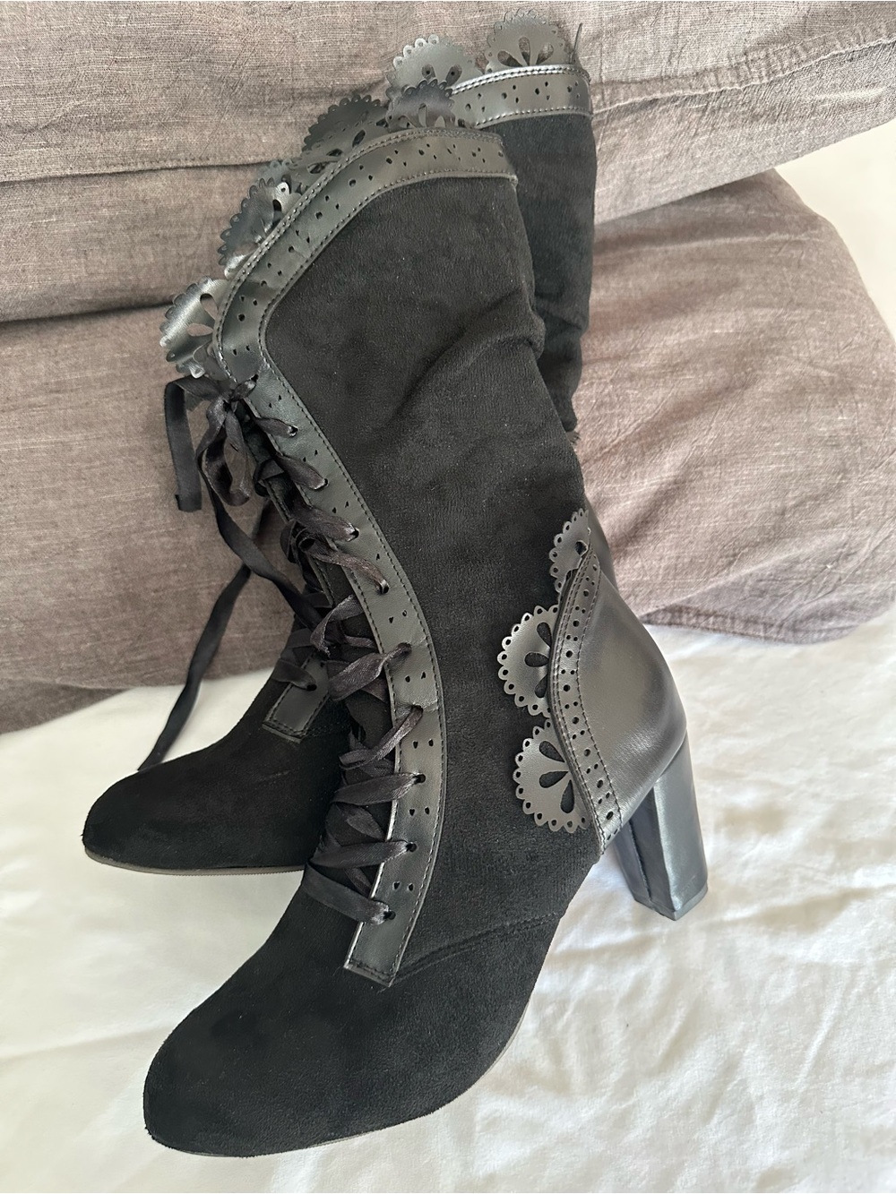Victorian Steampunk Black Ribbon Lace-Up Heeled Boots